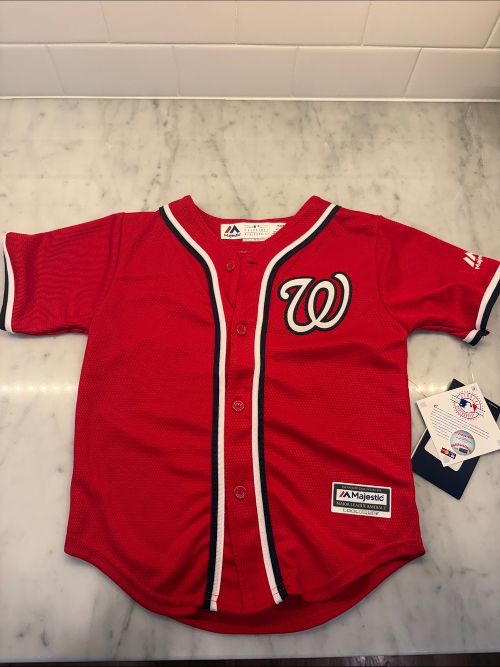 Majestic Red Kids Washington Nationals Baseball Jersey with White & Navy Trim